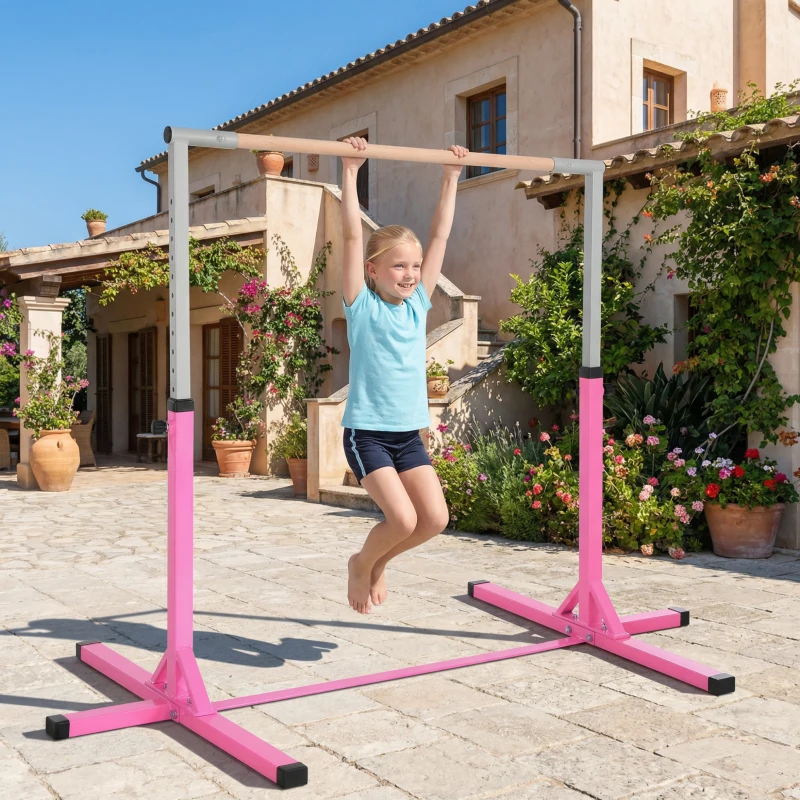 HOMCOM Barre fixe de gymnastique pour enfant, hauteur réglable 13 niveaux de 92-150 cm, en acier et bois en hêtre, barre de gym d'entrainement à domicile, antidérapant, facile à assembler, rose