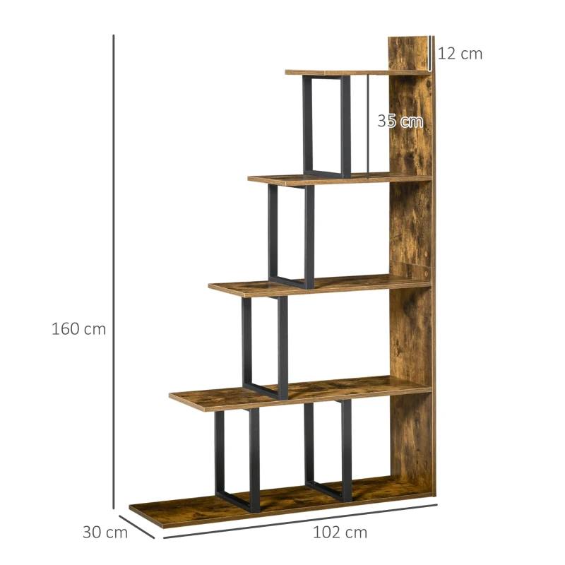 HOMCOM Industrial Style Wooden 5-Tier Ladder Bookcase Indoor Corner Shelf  for Livingroom, Office - Rusty Brown