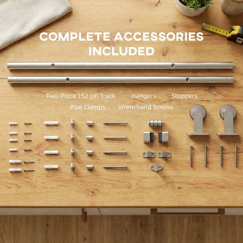 HOMCOM Sliding Door Hardware Kit Heavy Duty 304 Stainless Steel 152 cm Wide Door Silver Tone