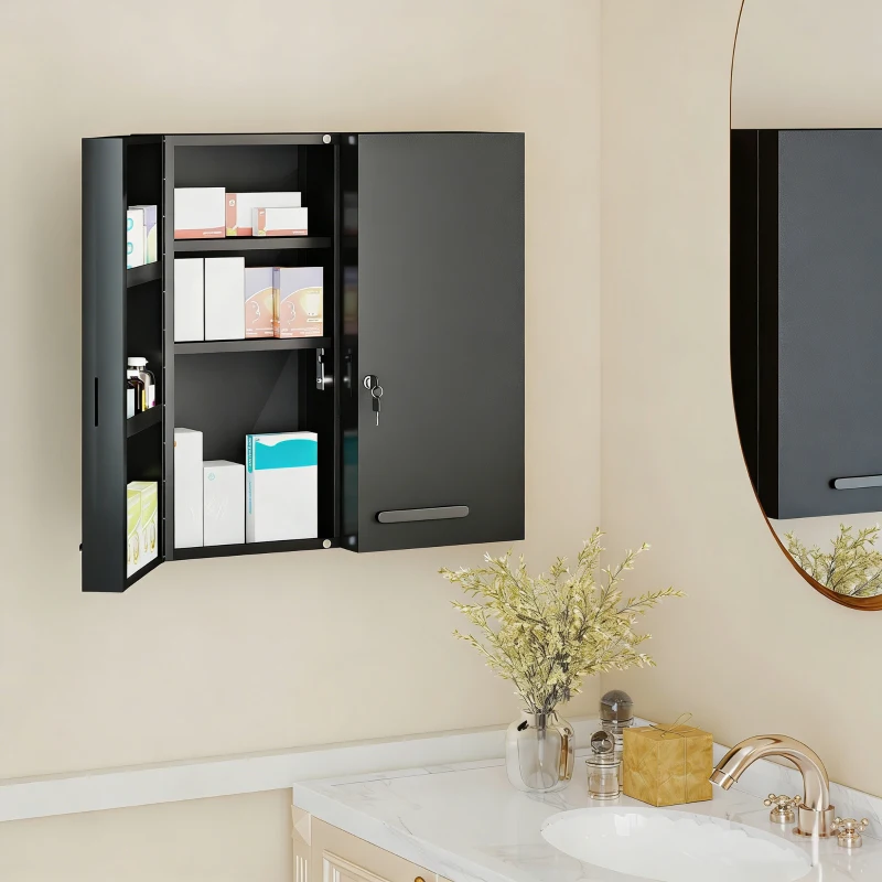 kleankin Medicine cabinet, lockable medicine cabinet with 2 doors and 6 shelves, Black