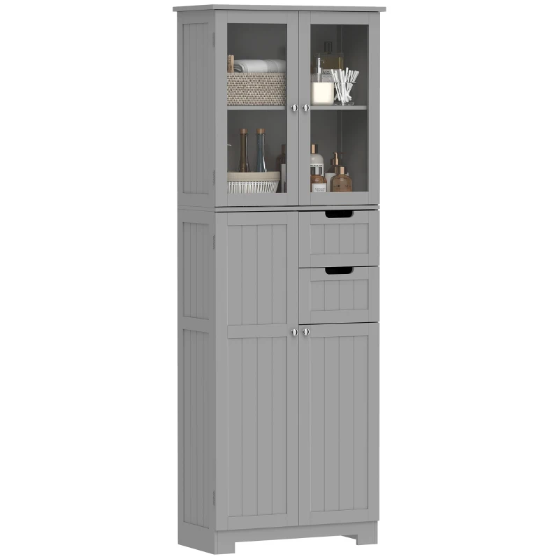 HOMCOM Mueble alto de baño, mueble de almacenamiento con 4 puertas (2 con vidrio), 2 cajones y estantes ajustables, blanco
