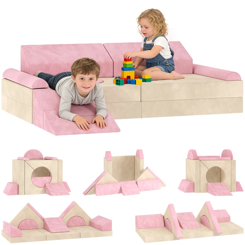 AIYAPLAY Kids Play Sofa, 12 Pieces Foam Modular Soft Play Set for Playroom, Children Convertible Sofa for Boys and Girls, Pink