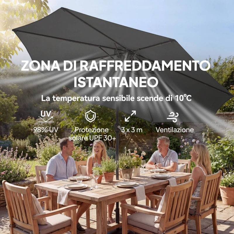 Outsunny Ombrellone Rotondo Inclinabile 3x3 m con Manovella, in Metallo e Poliestere, Grigio Scuro