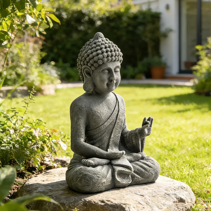 Outsunny Estatua de Jardín, Escultura de Buda Sentado en Óxido de Magnesio, Decoración Espiritual 32 x 23 x 51 cm, Gris oscuro