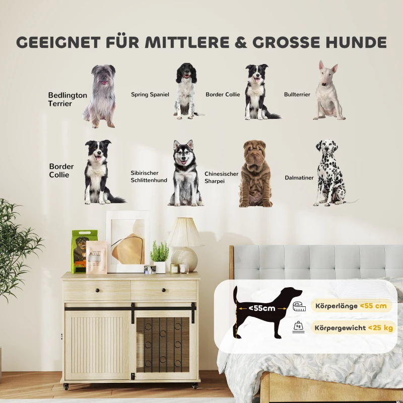 PawHut Hundebox auf Rädern, 2 Türen, 2 Schubladen, für mittlere und große Hunde, Holz, Stahl