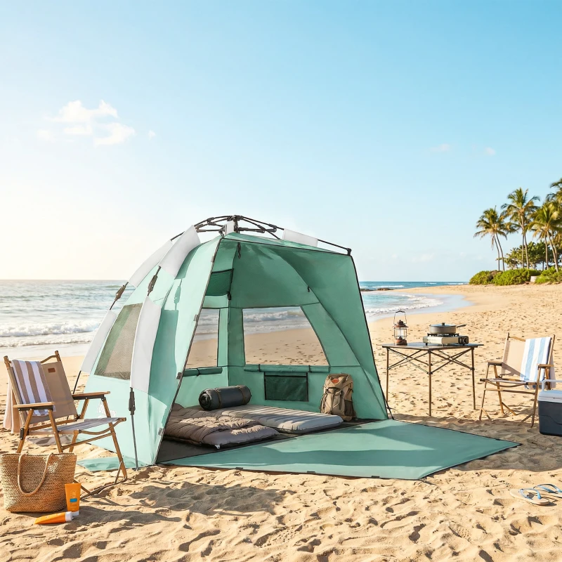 Outsunny 2-3 Person Pop Up Beach Tent, UPF15+ Sun Shelter with Extended Floor, Sandbags, Mesh Windows and Carry Bag, Green