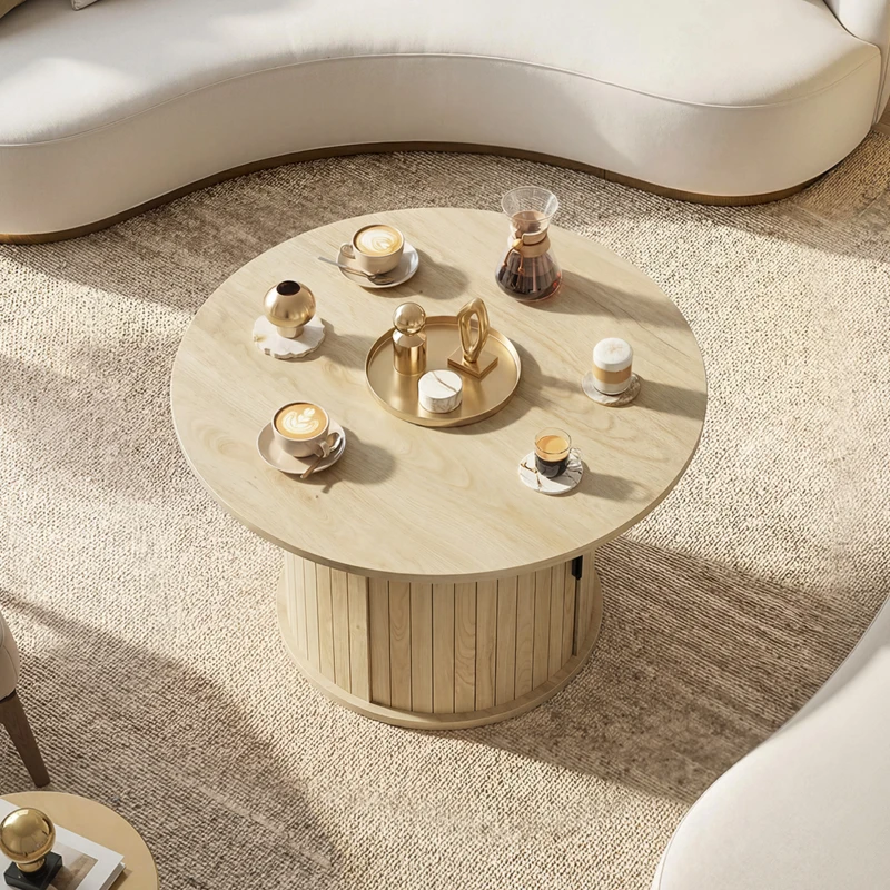HOMCOM Mesa de centro redonda, mesa de salón con almacenamiento, puerta corredera de listones, 2 estantes, efecto madera natural