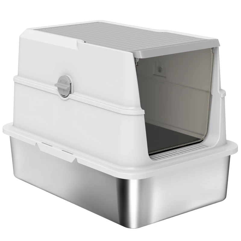 PawHut Caixa de Areia para Gatos Grandes em Aço Inox com Tampa Rebatível, Pá e Desodorizante, Cinza Claro