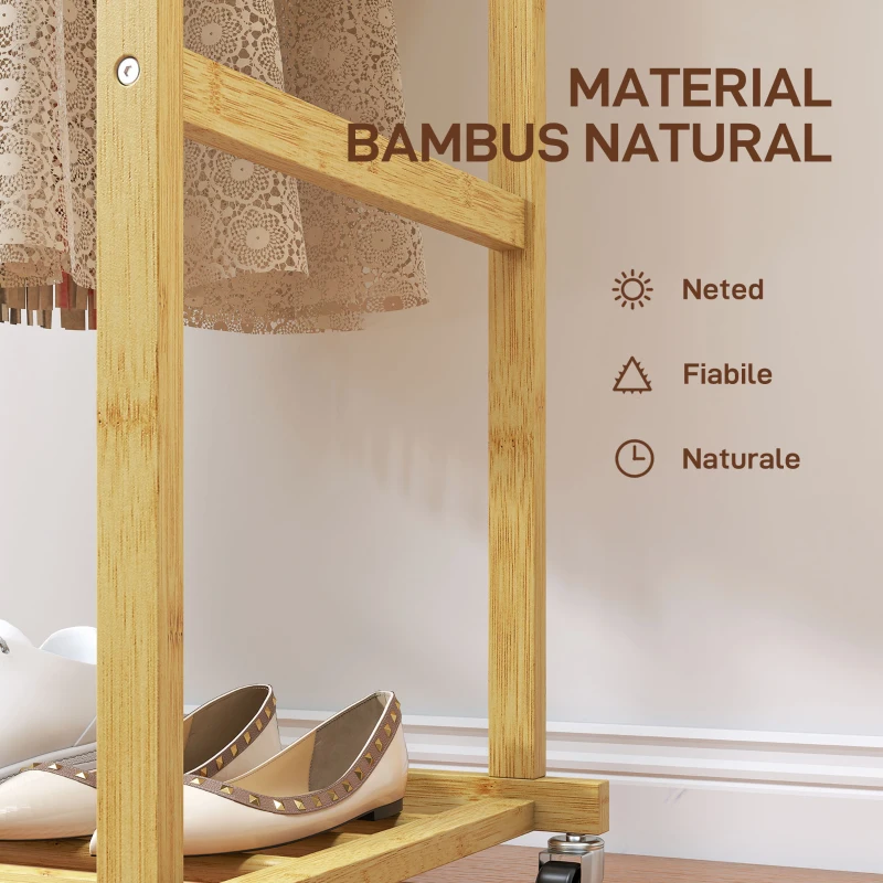 HOMCOM Suport pentru haine cu 2 bare, raft inferior și 4 roți din bambus, 80x40x160 cm, lemn natural