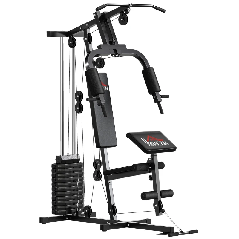 HOMCOM Máquina de Musculação com Pesos Ajustáveis de 65 kg Imprensa de Peito e Pernas Polia 135x103x210 cm Preto