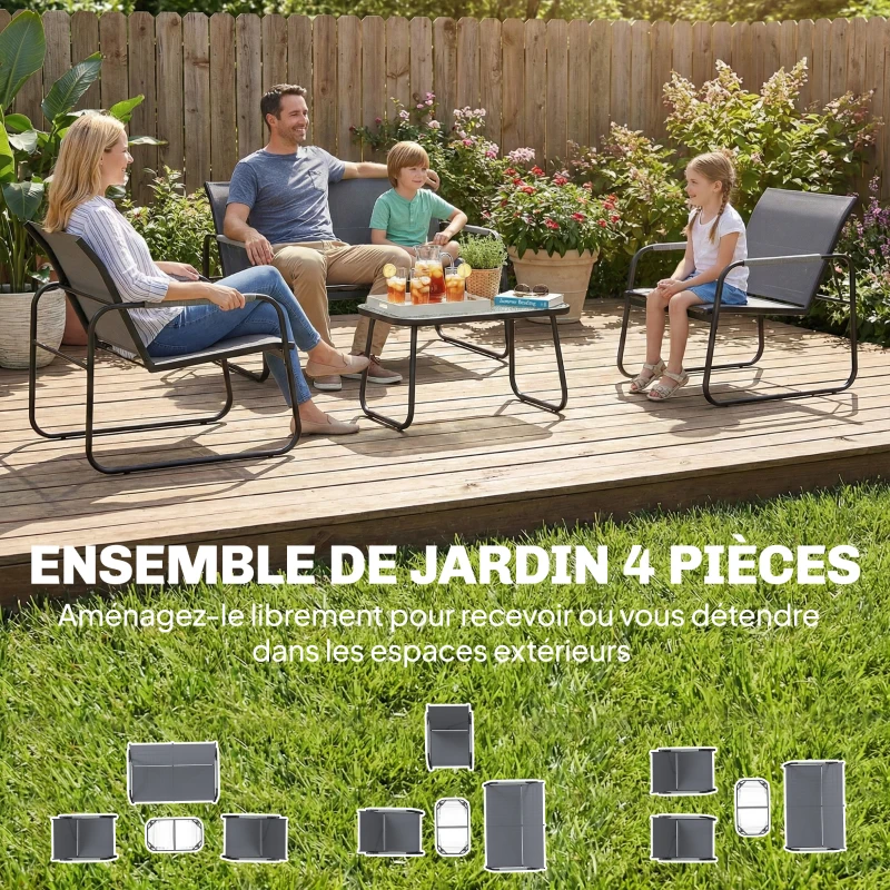 Outsunny Salon de Jardin Ensemble de Terrasse en Acier et Textilène 4 Pièces avec Accoudoirs Corde Tressée Gris