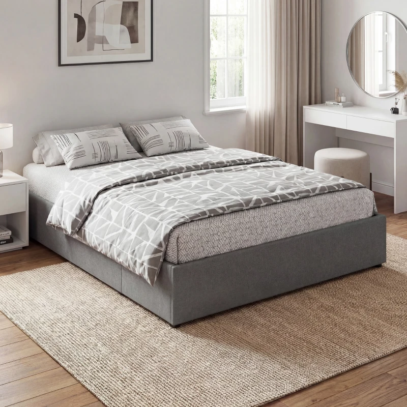 HOMCOM Cama King Size 165 cm, Tapizada en Tejido, Lamas, 3 Cajones, Silenciosa, Gris