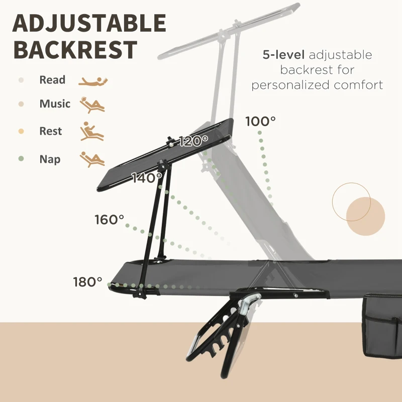 Outsunny Zestaw 2 składanych leżaków ogrodowych z 5-stopniową regulacją oparcia i daszkiem przeciwsłonecznym, w kolorze ciemnoszarym