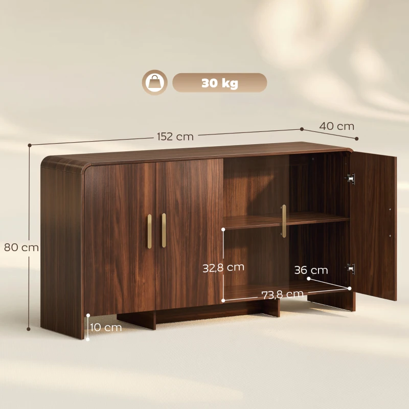 HOMCOM Aparador de cocina, mueble de almacenamiento con 4 puertas de cierre suave, 4 compartimentos y bordes redondeados, 152x40x80cm, nogal