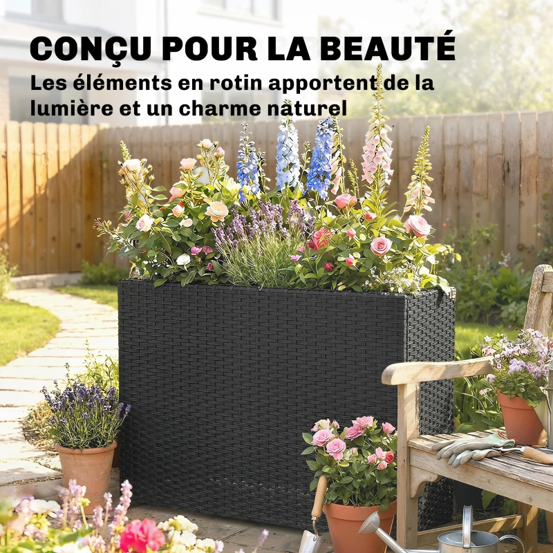 Outsunny Jardinière surélevée en résine tressée, support de fleurs avec bac amovible et pieds réglables, cadre en acier, noir