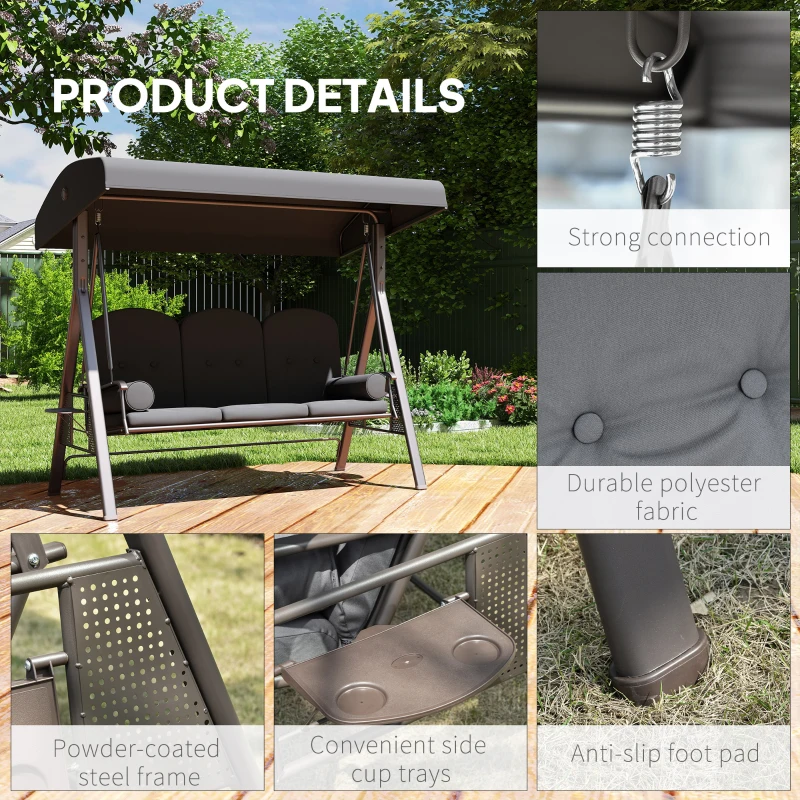 Outsunny 3 Seater Garden Swing Chair Outdoor Hammock Bench w/ Adjustable Canopy, Cushions and Cup Trays, Brown Steel Frame, Dark Grey Fabric