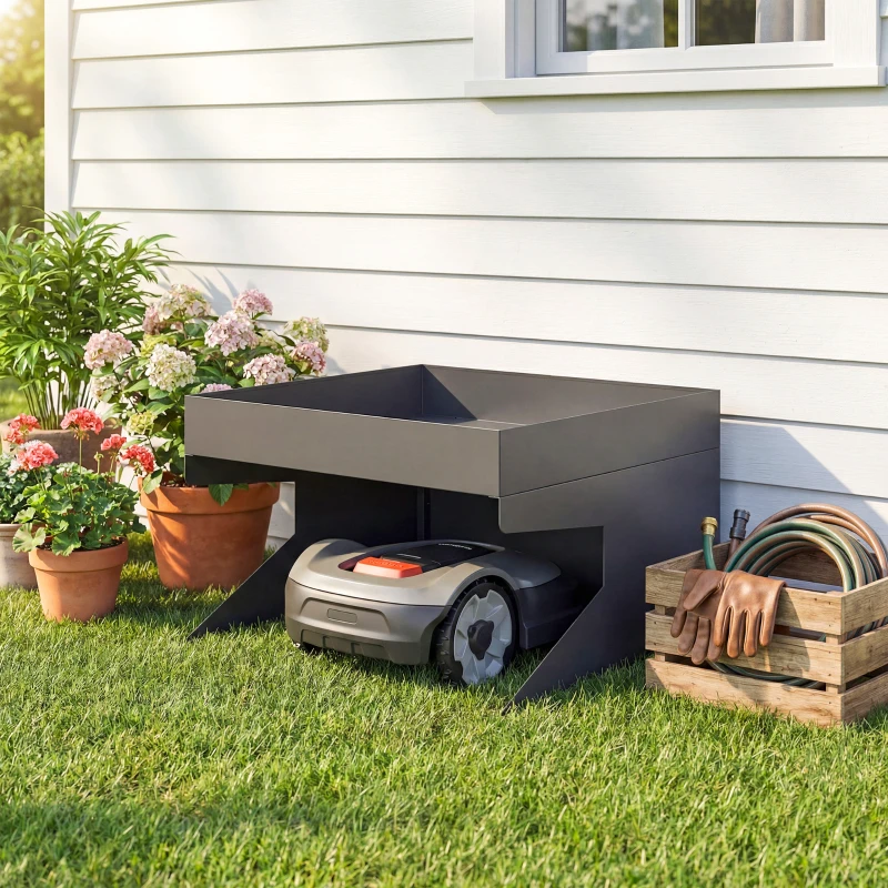 Outsunny Garaje para robot cortacésped con jardinera, Garaje robusto de acero galvanizado, Negro