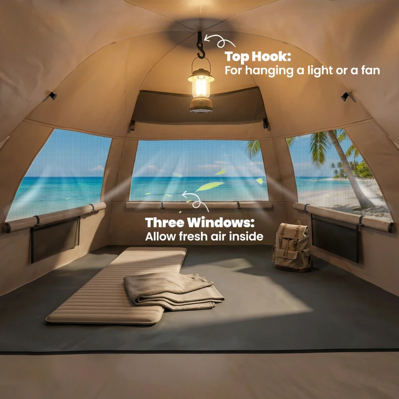 Outsunny 2-3 Person Pop Up Beach Tent, UPF15+ Sun Shelter with Extended Floor, Sandbags, Mesh Windows and Carry Bag, Brown