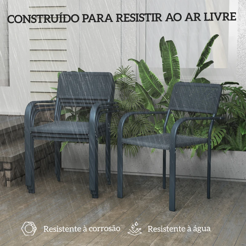 Outsunny Conjunto de 4 Cadeiras de Jardim Empilháveis com Apoios de Braços Encosto e Estrutura de Aço 55x60x83 cm Cinzento Escuro