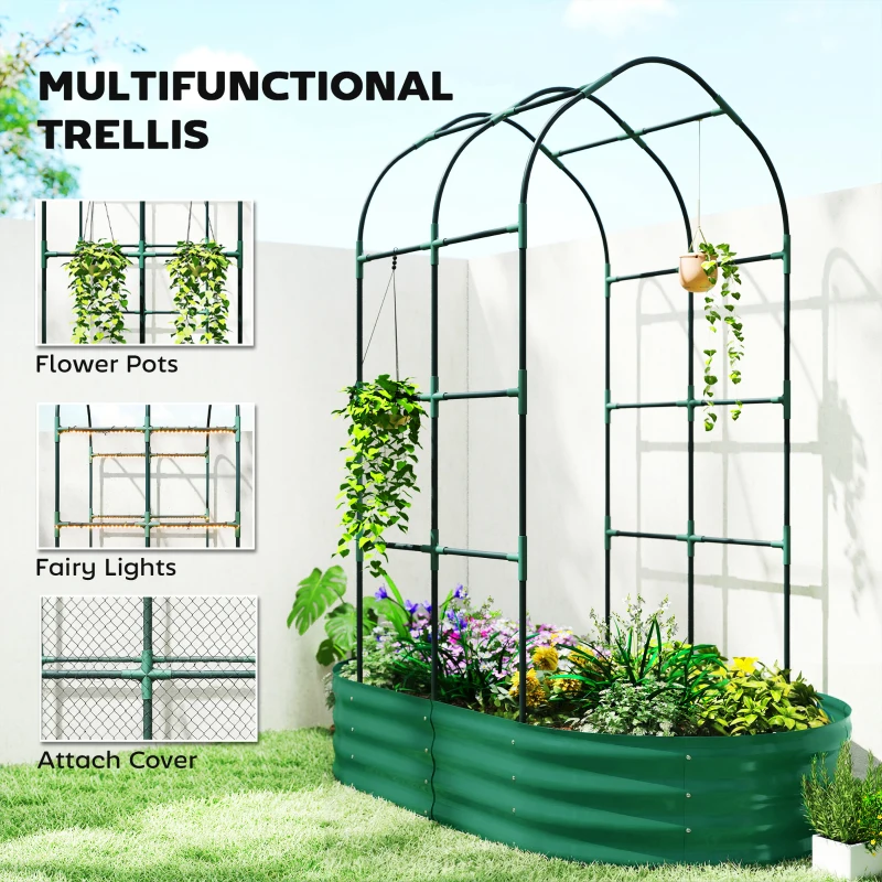 Outsunny Galvanised Raised Garden Bed with Arched Trellis, 5 x 3 x 6ft Metal Raised Bed for Garden with Open Bottom, Green