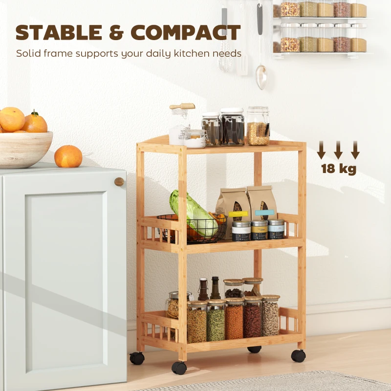 HOMCOM Kitchen Cart Trolley with 3 Tiers, Serving Cart with Storage Rolling Kitchen Shelf, for Kitchen Bathroom Office Natural Wood