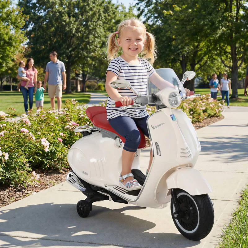 HOMCOM Vespa Scooter Moto électrique Enfants 6 V dim. 108L x 49l x 75H cm Musique klaxon 2 roues auxiliaires, 3-6 ans, Blanc
