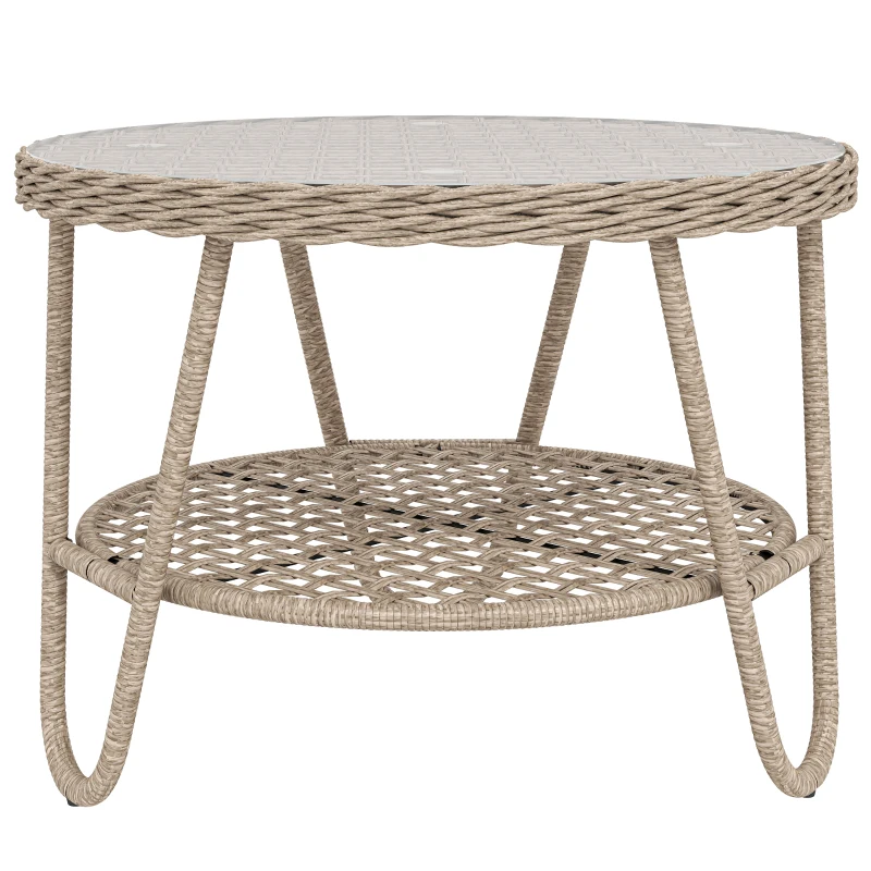 Outsunny Table d'appoint en polyrattan 2 niveaux avec rangement, plateau en verre, pieds réglables 65 x 65 x 50 cm Jaune