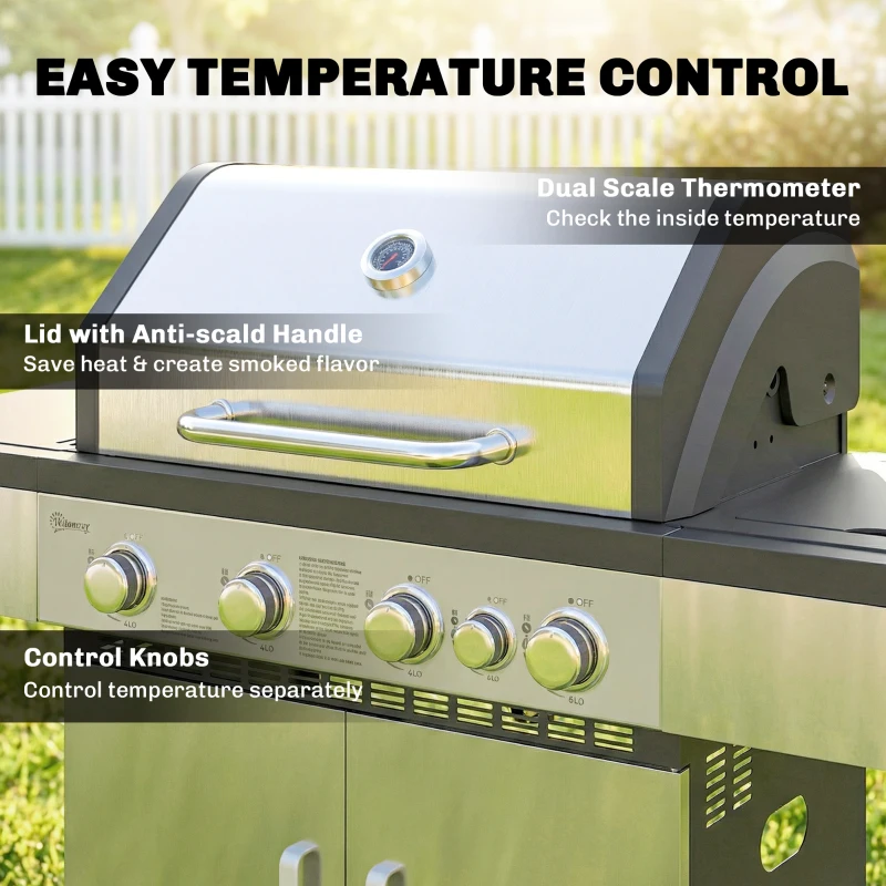 Outsunny 4+1 Burner Gas BBQ Grill, Portable Gas Barbecue Grill with Side Burner, Warming Rack, Side Shelf, Storage Cabinet