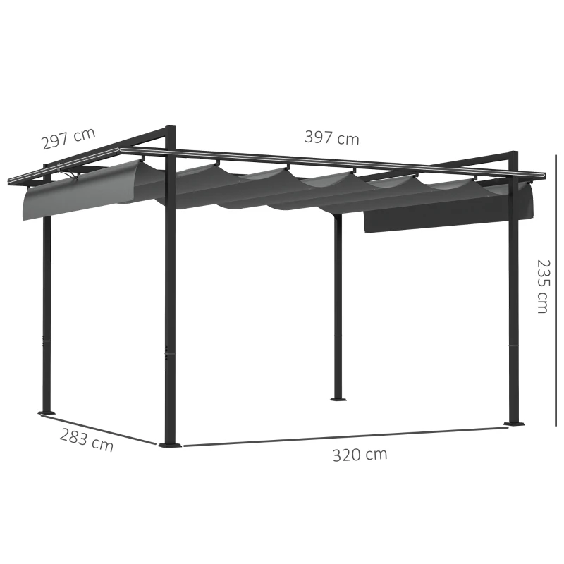 Outsunny Pérgola 3x4 Pérgola de Jardim com Teto Retrátil de Poliéster e 12 Orifícios de Drenagem Cinza