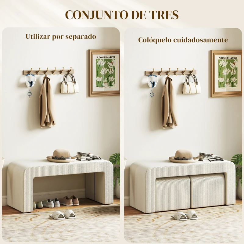 HOMCOM Juego de 3 Bancos Zapateros Grande y 2 Pequeños Modernos de Pana Diseño Compacto Mesa Auxiliar 104x44x48 cm Crema