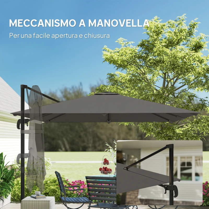 Outsunny Parasol Descentrado e Inclinable 3x3 m con Base de Cruz Rellenable y Manivela, en Poliéster Gris Oscuro