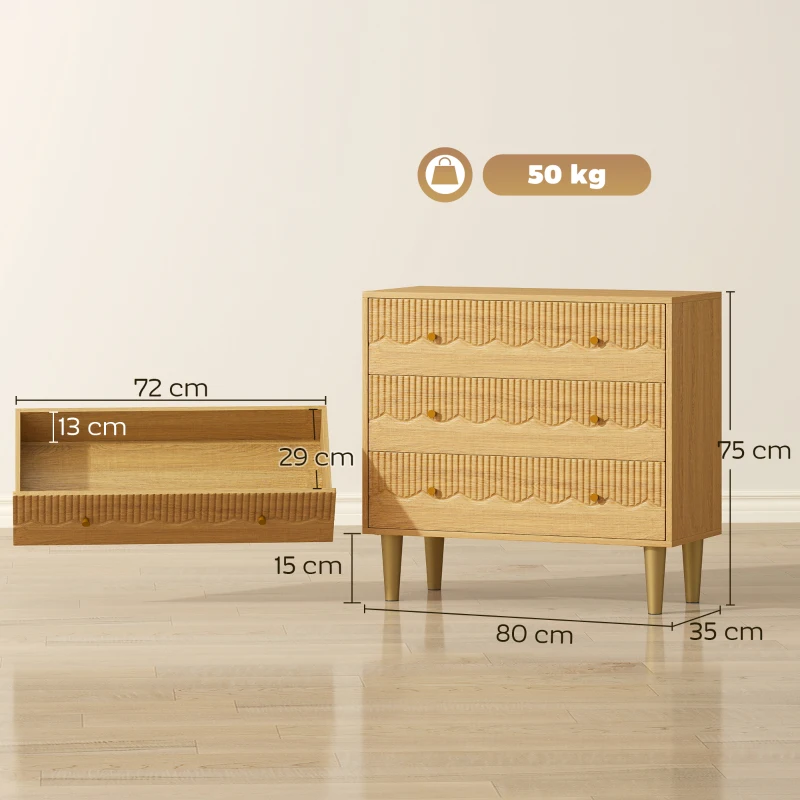 HOMCOM Dresser for Bedroom 3 Drawer Chest of Drawers with Steel Frame for Living Room in Oak