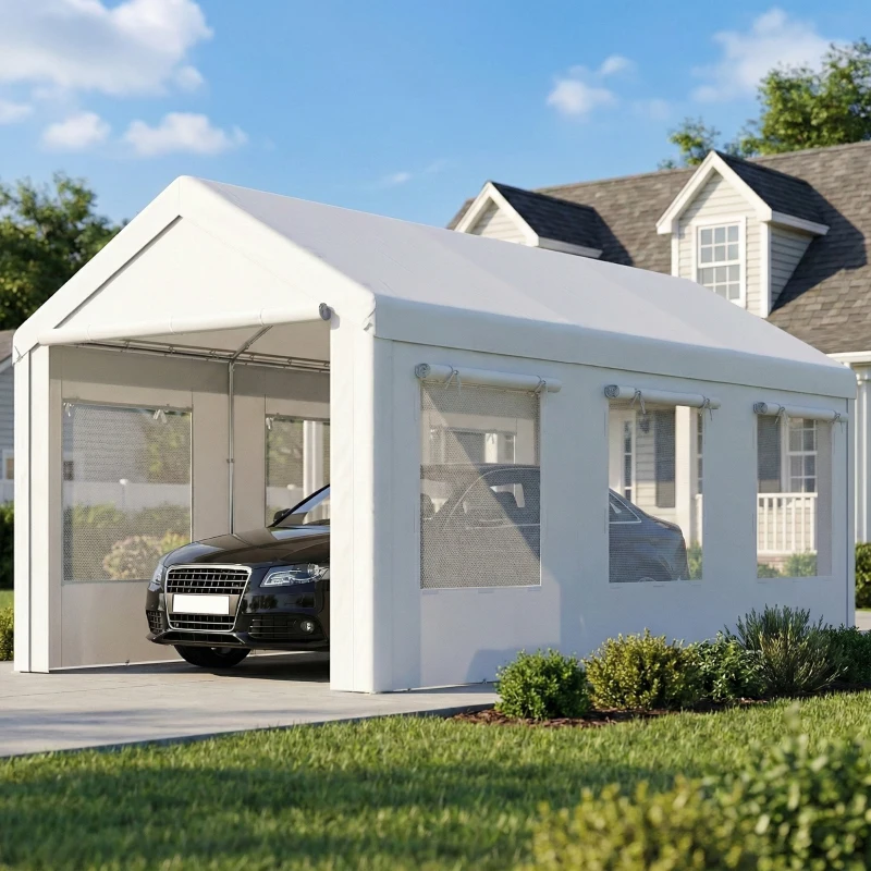 Outsunny Tettoia auto 3x6 m con porte e finestre, Bianco