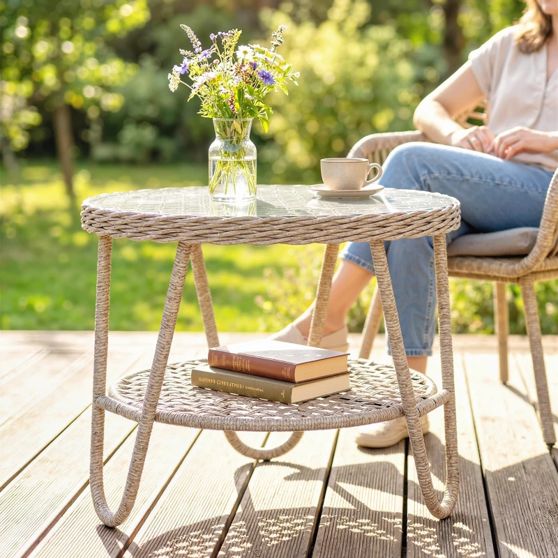 Outsunny Table d'appoint en polyrattan 2 niveaux avec rangement, plateau en verre, pieds réglables 65 x 65 x 50 cm Jaune