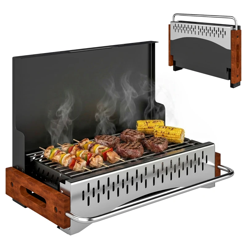 Outsunny Faltbarer Holzkohlegrill Tragbarer Grill 50,5x34x33 cm mit herausnehmbarer Kohleschale für Camping Picknick Schwarz