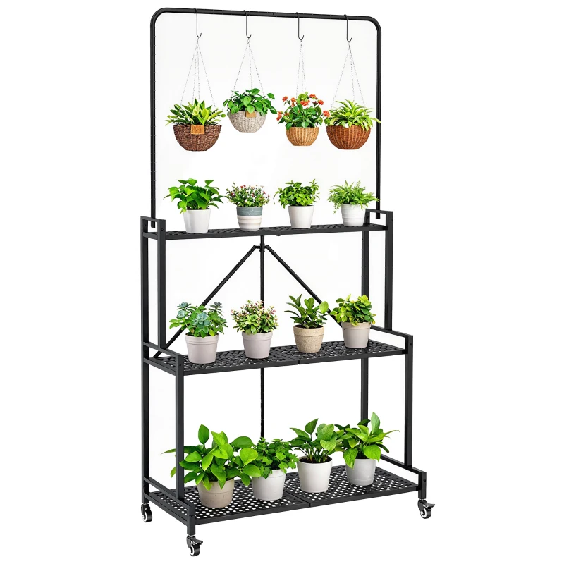 Outsunny Suporte de Plantas Dobrável 3 Andares com Rodízios, Ganchos, Estante de Metal, Preto