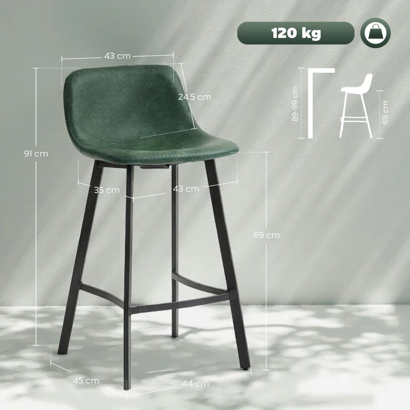 HOMCOM Bar Stools Set of 2, PU Leather Dining Stools with Backrest, Footrest, for Kitchen, Counter, Breakfast Bar, Green