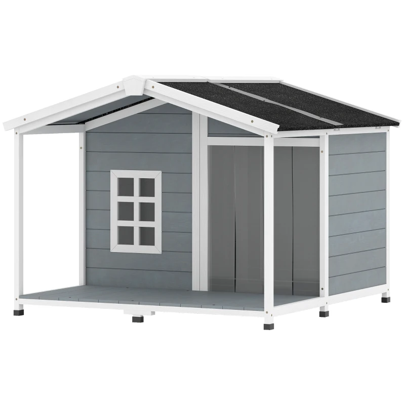 PawHut Casota para cães resistente às intempéries Elevada em madeira com telhado de betume, terraço, para cães de porte médio 103x107x83,5cm Cinza
