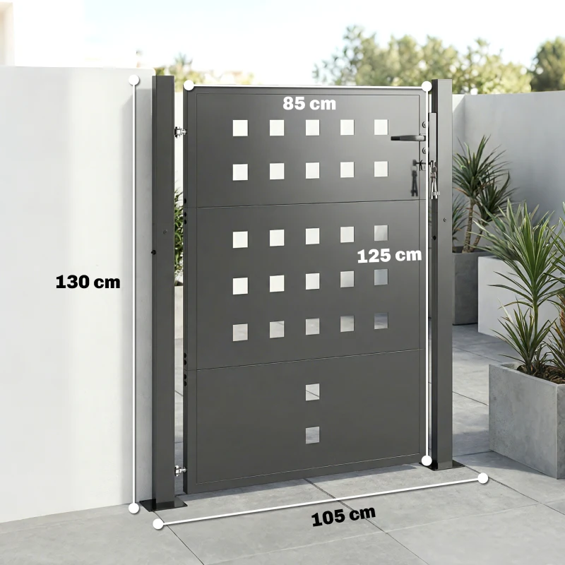 Outsunny Puerta de jardín de acero galvanizado, puerta metálica con asa, cerradura y 3 llaves, cerrable, 105x130 cm, Gris oscuro