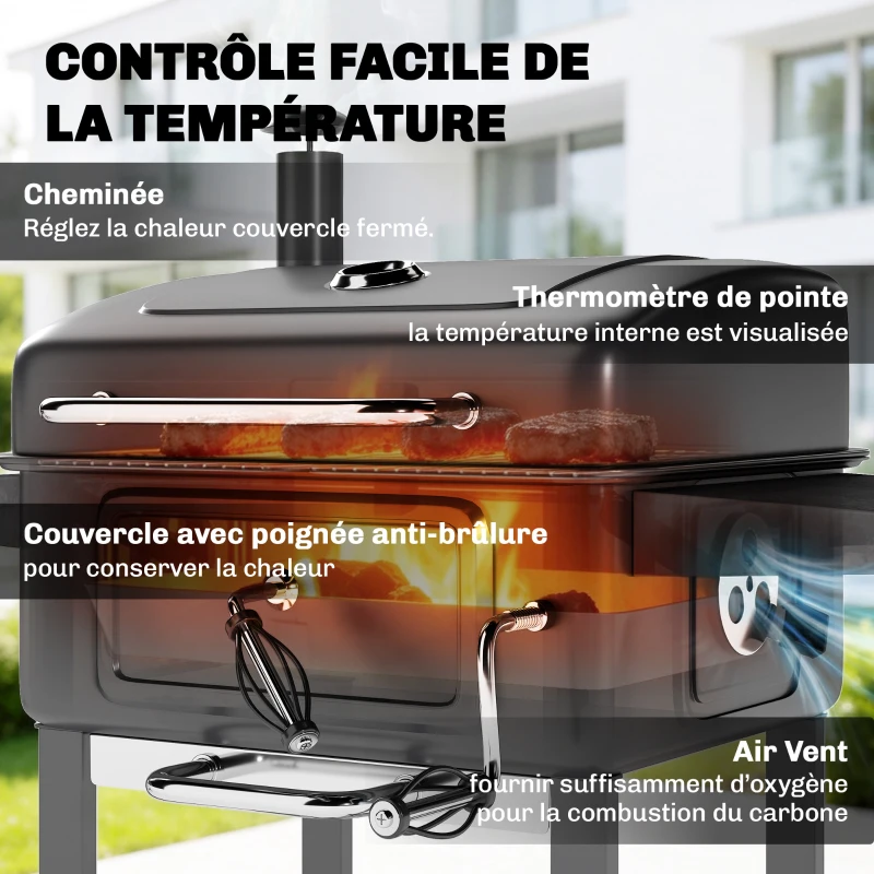 Outsunny Barbecue au charbon avec bac à charbon réglable, chariot grill de jardin fumoir avec tablettes latérales et thermomètre