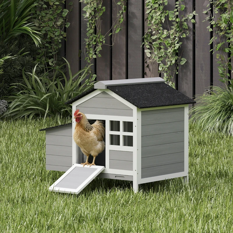PawHut Gallinero de madera, techo de asfalto y nido refugio para 4 gallinas con ventana acrílica 92 x 64 x 69 cm gris