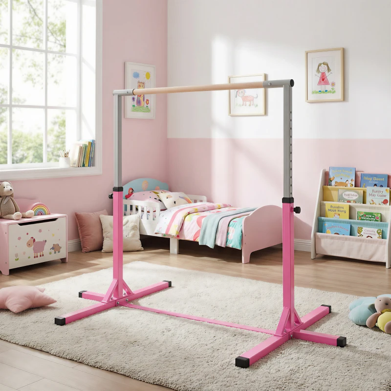 HOMCOM Barre fixe de gymnastique pour enfant, hauteur réglable 13 niveaux de 92-150 cm, en acier et bois en hêtre, barre de gym d'entrainement à domicile, antidérapant, facile à assembler, rose