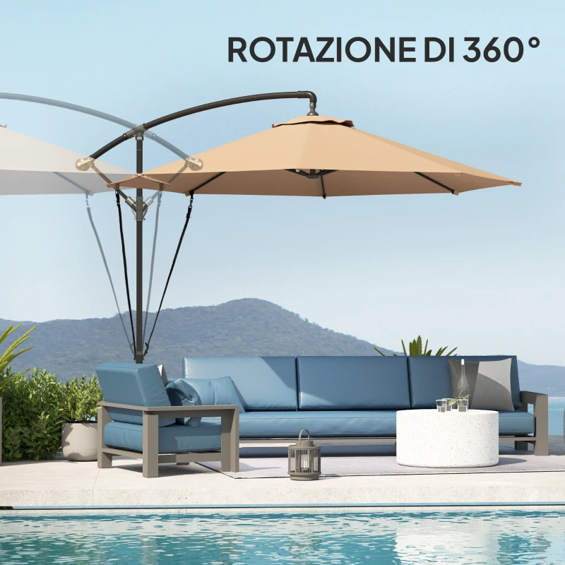 Outsunny Ombrellone Decentrato Ø3 m con Prese d'Aria, Base a Croce e Manovella, in Metallo e Poliestere, Cachi