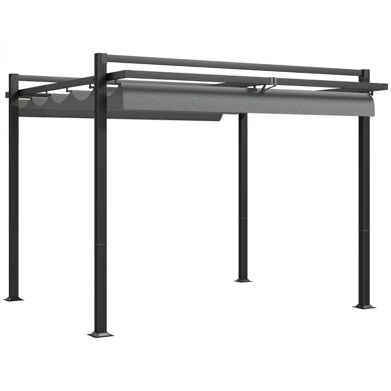 Outsunny 3 x 3(m) Retractable Pergola, Garden Gazebo Shelter with Aluminium Frame, for Grill, Patio, Deck, Dark Grey
