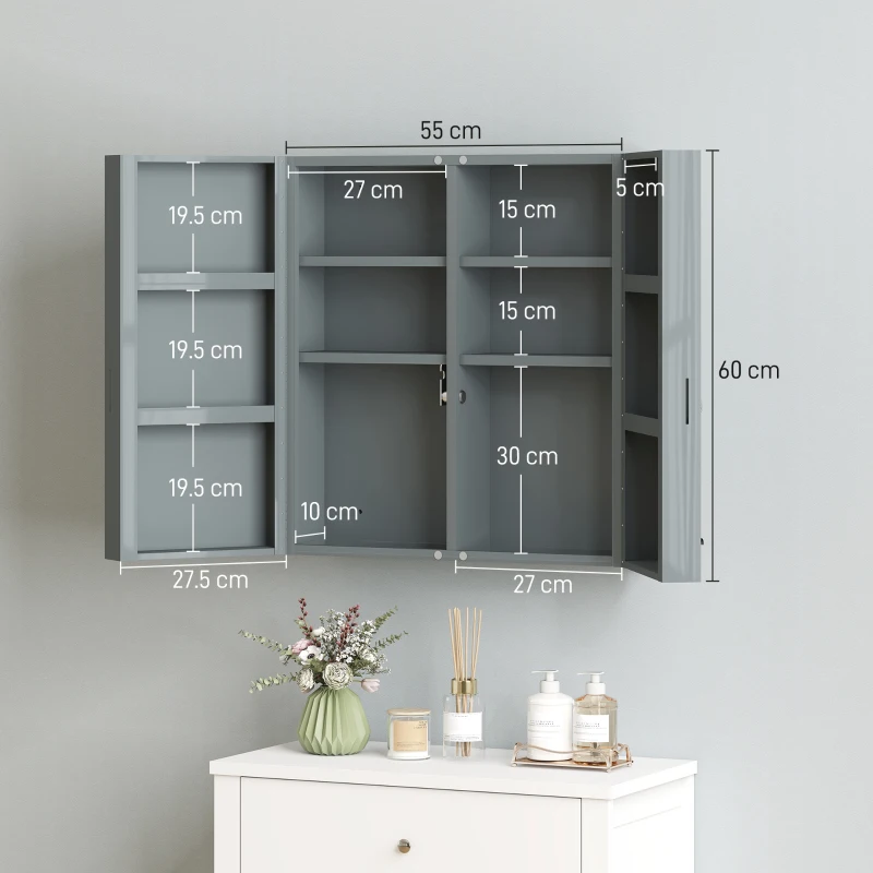 kleankin Medicine cabinet, lockable medicine cabinet with 2 doors and 6 shelves, Charcoal gray