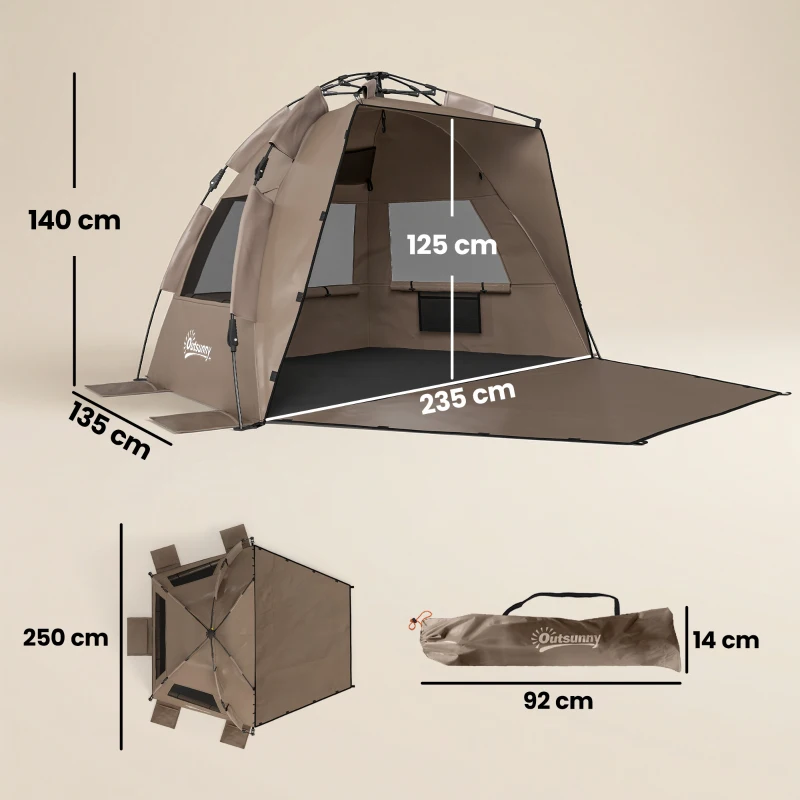 Outsunny 2-3 Person Pop Up Beach Tent, UPF15+ Sun Shelter with Extended Floor, Sandbags, Mesh Windows and Carry Bag, Brown