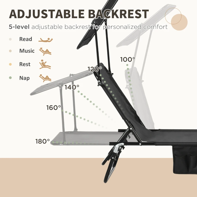 Outsunny Zestaw 2 składanych leżaków ogrodowych z daszkiem przeciwsłonecznym, 5-pozycyjnym regulowanym oparciem, czarny