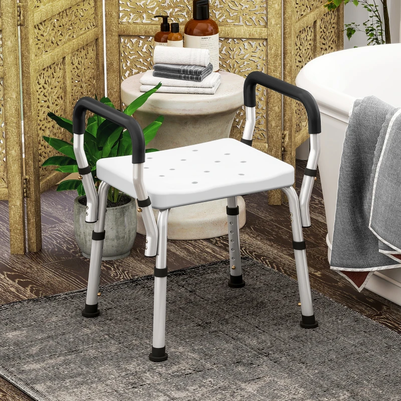 HOMCOM Banqueta de duche para idosos e pessoas com deficiência com apoios de braço, altura ajustável, pés antiderrapantes, branco