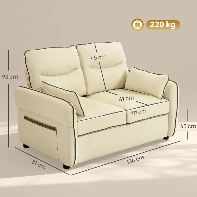 HOMCOM Sofá 2 Lugares em Pele Sintética com Estofamento Espesso, Bolso Lateral e 2 Almofadas, 136x81x90 cm, Bege