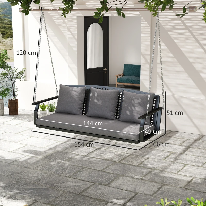 Outsunny Columpio para veranda de 3 plazas, banco colgante de jardín con 3 cojines de respaldo, cojín de asiento, sistema de suspensión, Gris